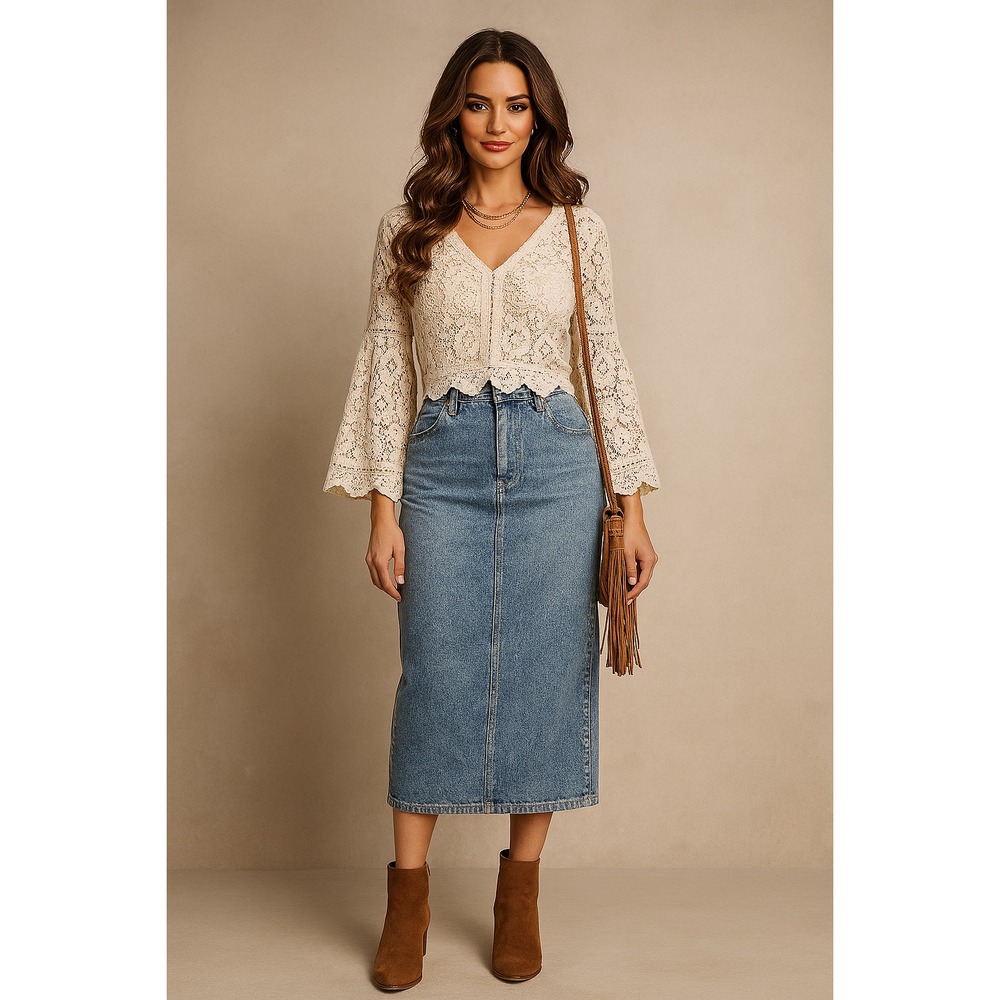 Vintage St Johns Bay Skirt Women 12 Blue Denim Slit Snap Medium Wash Modest Midi